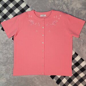 Pink Embroidered Short-Sleeve Button-Front Sweater